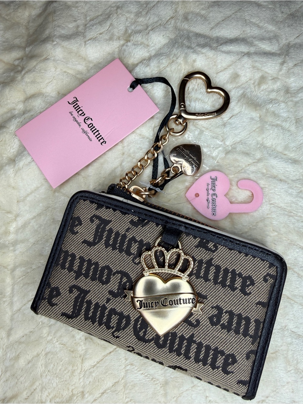 Juicy Couture Black & Beige Logo Card Holder with Gold Heart Crown Charm